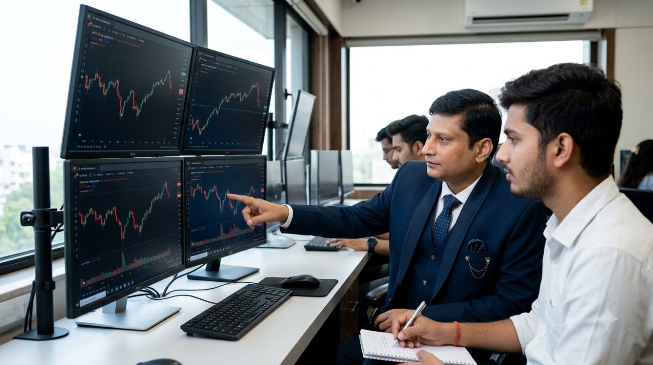 Satish Bobade mentoring students on live market trading desk at Advait Stock Market Academy Nagpur